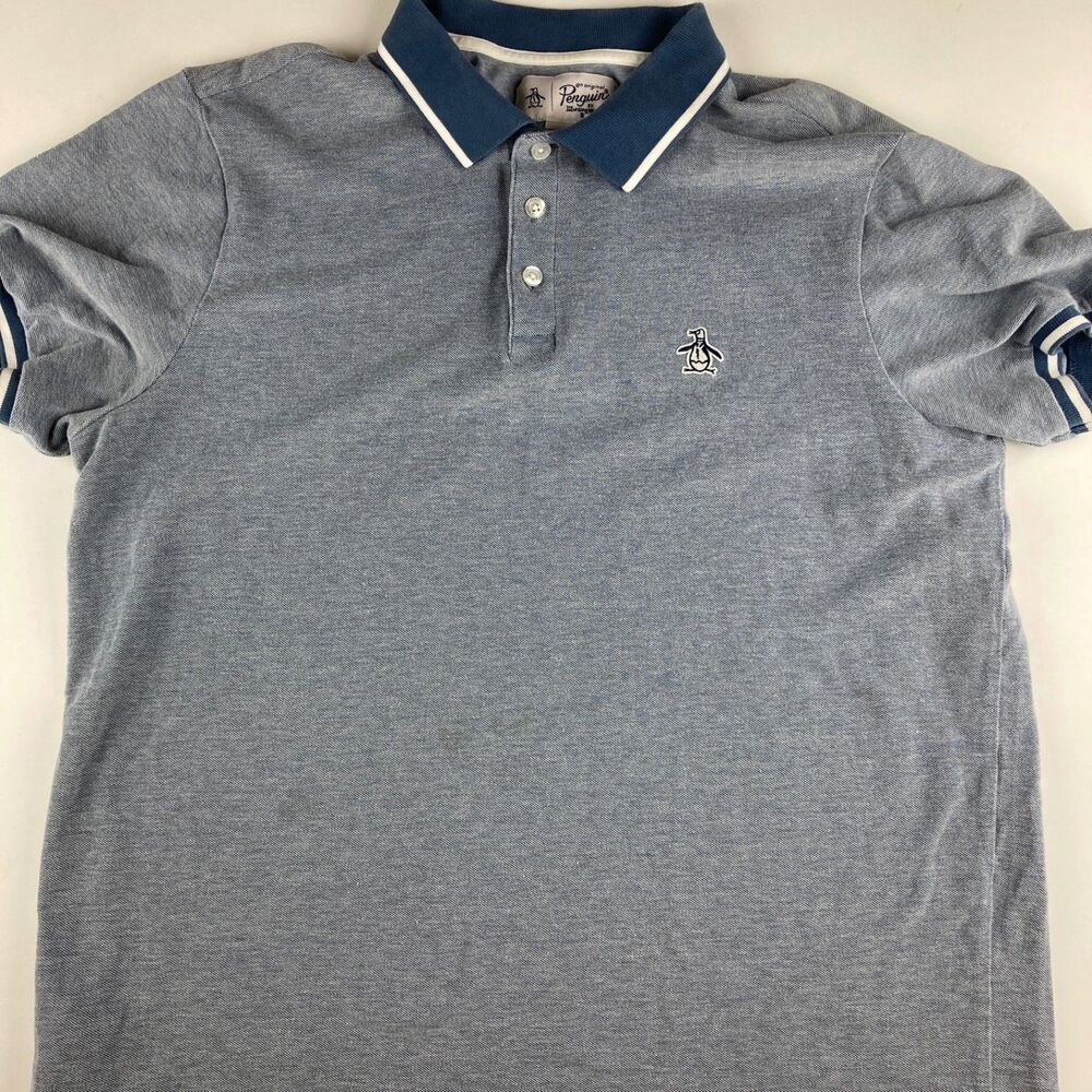 Original Penguin Polo Shirt Mens Large Blue Gray Cotton Logo Casual